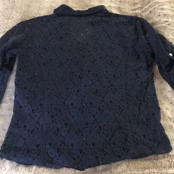 Navy blue floral lace button front shirt L 3/4 sleeve satin collar & trim - Picture 7 of 9